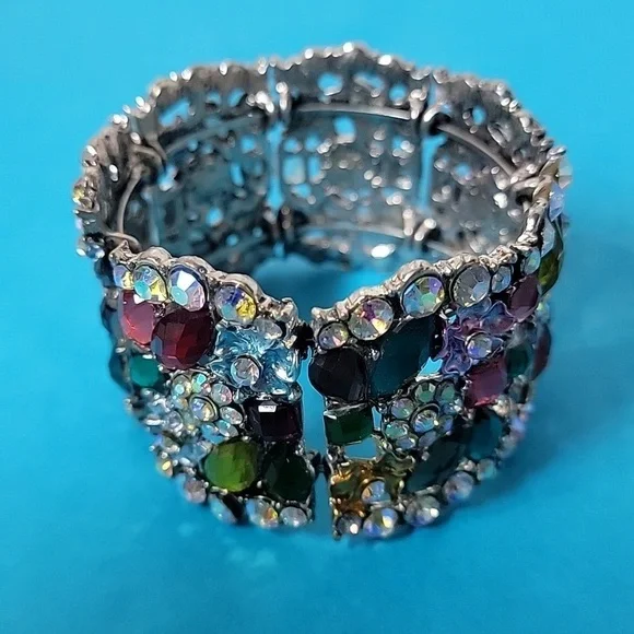 Cocktail Colorful Multi-Color Embellished Floral Rhinestone Stretchable Bangle - Picture 4 of 11